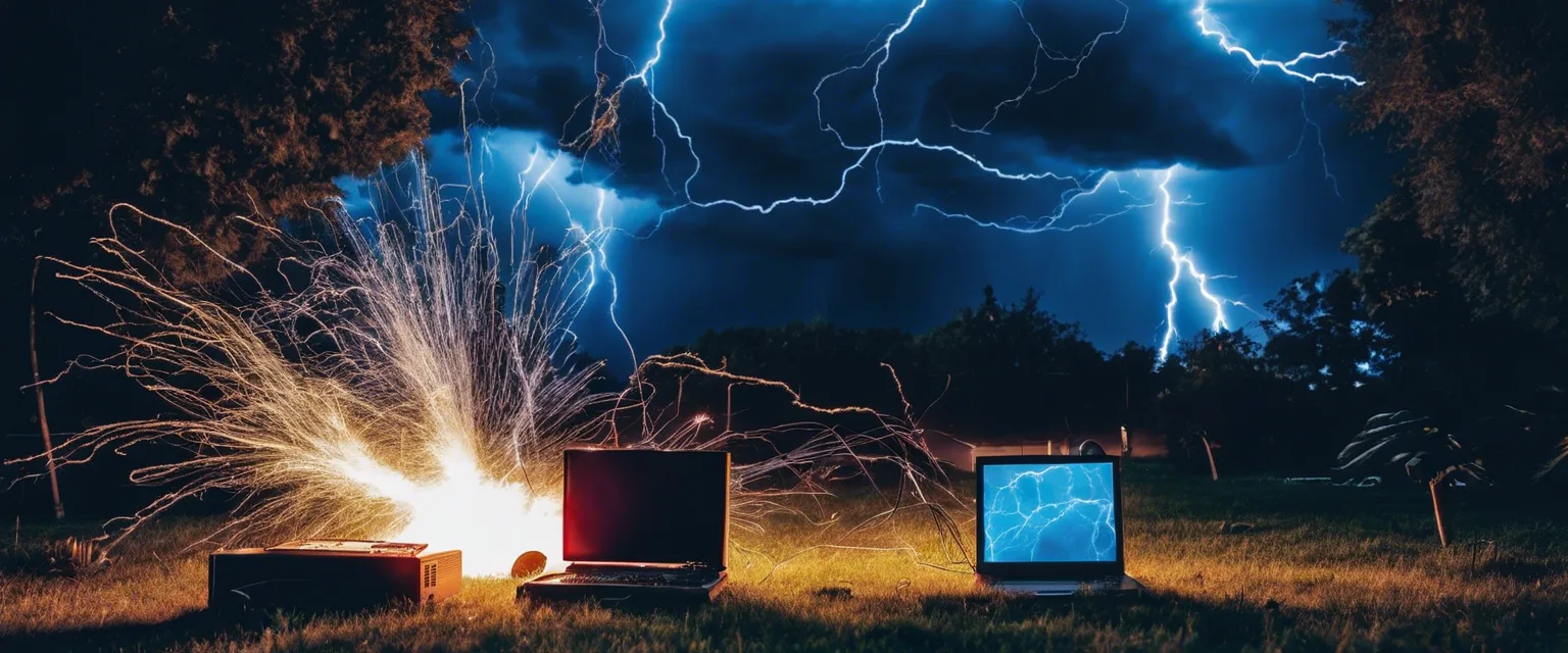 MDK audiovisual artwork with screens, electrical light, and a storm.